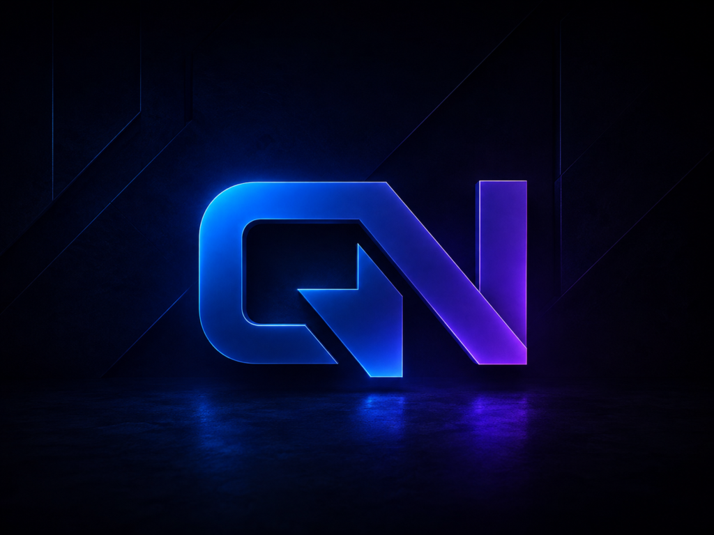 Quest Novum QN monogram glowing blue and violet on a dark background